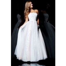 Cute A Line Princess Strapless Long White Tulle Lace Evening Prom Dress 
