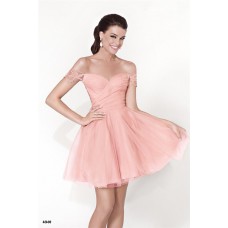Cute Off The Shoulder Mini Blush Pink Tulle Lace Party Prom Dress 