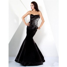 Designer Mermaid Strapless Long Black Satin Beaded Evening Wear Dress