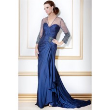 Designer V Neck Long Navy Blue Silk Beaded Sleeve Evening Dress With Train