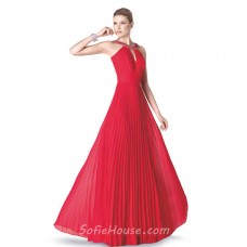 Elegant A Line Cut Out Front Red Chiffon Pleated Long Evening Prom Dress