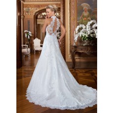 Elegant A Line Halter Open Back Lace Glitter Wedding Dress With Buttons