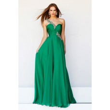 Elegant A Line One Shoulder Long Emerald Green Chiffon Prom Dress With Beaded Strap