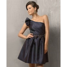 Elegant A Line One Shoulder Short/ Mini Black Satin Cocktail Evening Dress