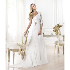 Elegant A Line One Shoulder Sleeve Ruched Chiffon Wedding Dress With Beadeding 