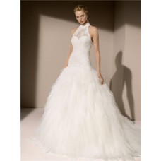 Elegant Ball Gown High Neck Drop Waist Lace Tulle Layered Wedding Dress With Buttons
