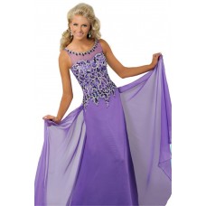 Elegant Bateau Neckline Keyhole Back Long Lilac Chiffon Beaded Teen Prom Dress