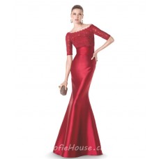 Elegant Mermaid Boat Neckline Short Sleeve Red Satin Lace Evening Dress