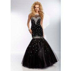 Elegant Mermaid Illusion Neckline Open Back Long Black Tulle Beaded Prom Dress