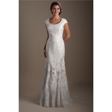 Elegant Mermaid Scoop Neck Cap Sleeve Lace Modest Wedding Dress