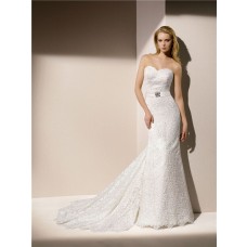 Elegant Mermaid Strapless Sweetheart Venice Lace Wedding Dress With Crystal Sash