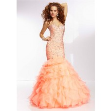 Elegant Mermaid Sweetheart Light Orange Organza Ruffle Prom Dress Corset Back