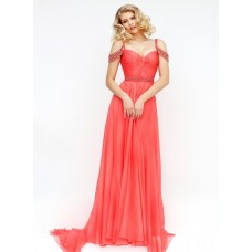 Elegant Off The Shoulder Long Coral Chiffon Flowing Prom Dress