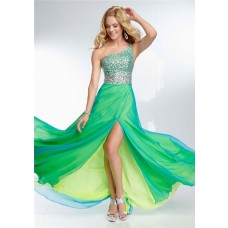 Elegant One Shoulder Long Yellow Green Chiffon Layered Beaded Prom Dress With Slit Straps