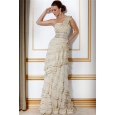 Elegant Sheath One Shoulder Long Ivory Chiffon Tiered Evening Dress