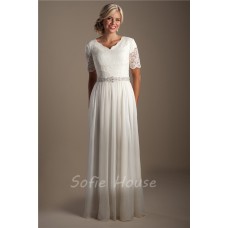 Elegant Sheath Short Sleeve Lace Chiffon Modest Beach Wedding Dress With Belt