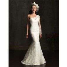 Elegant Slim Mermaid One Shoulder Lace Wedding Dress With Sleeve Buttons