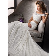 Elegant Trumpet/ Mermaid Bateau Cap Sleeves White Lace Wedding Dress With Sash Buttons