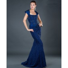 Elegant mermaid long royal blue beaded lace evening dress with straps