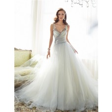 Fairy Ball Gown Illusion V Neckline Grey Tulle Lace Applique Wedding Dress Sheer Straps