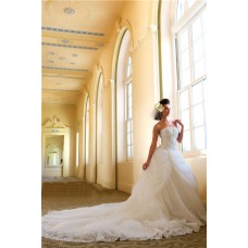 Fairy Ball Gown Strapless Tulle Lace Crystal Corset Wedding Dress With Long Train 