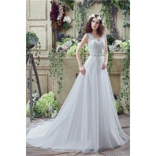 Fairy Princess A Line Tulle Lace Wedding Dress With Crystals Belt Buttons