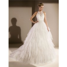 Fairy Tale Ball Gown High Neck Keyhole Back Beaded Lace Layered Tulle Wedding Dress 