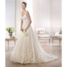 Fairy Tale Princess A Line V Neck Tulle Organza Petal Wedding Dress With Straps