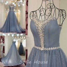 Fantastic Ball Gown Strapless Grey Tulle Beaded Prom Dress With Sash