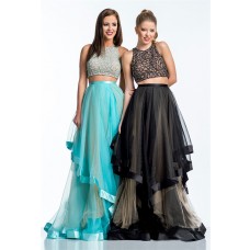 Fashion A Line Long Black Tulle Ruffle Beaded Two Piece Evening Prom Dress