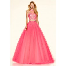 Fashion Ball Gown High Neck Two Piece Hot Pink Tulle Beaded Prom Dress
