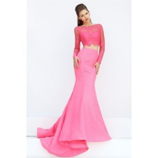 Fashion Mermaid Two Piece Long Sleeve Watermelon Lace Satin Prom Dress