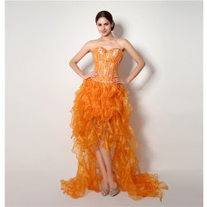Fashion Strapless High Low Orange Organza Ruffle Corset Prom Dress