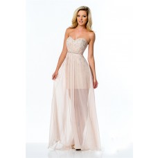 Fashion Strapless Peach Chiffon Beaded Long Prom Dress Illusion Skirt