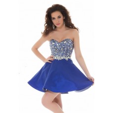 Fashion Strapless Short Royal Blue Satin Beaded Crystal Cocktail Party Dress