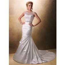 Fit And Flare Mermaid Illusion Neckline Beaded Satin Wedding Dress With Buttons 