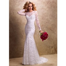 Fit And Flare Mermaid Illusion Neckline Long Sleeve Lace Wedding Dress 
