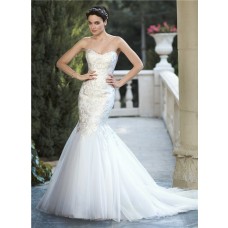 Fit And Flare Mermaid Strapless Tulle Applique Corset Wedding Dress