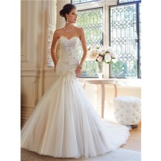 Fit And Flare Mermaid Strapless Tulle Lace Applique Crystal Wedding Dress Corset Back