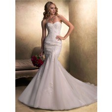 Fit And Flare Mermaid Sweetheart Beaded Lace Organza Wedding Dress With Sash