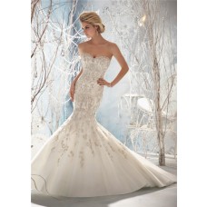 Fit And Flare Mermaid Sweetheart Cap Sleeve Open Back Tulle Embroidered Wedding Dress 