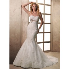 Fit And Flare Mermaid Sweetheart Lace Wedding Dress With Sash Buttons