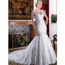 Fit And Flare Sleeveless Illusion Back Tulle Lace Mermaid Wedding Dress