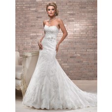 Fit And Flare Sweetheart Neckline Scalloped Lace Wedding Dress With Floral Belt