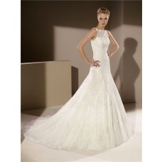 Fitted A Line Scalloped Neck Sleeveless Tulle Lace Wedding Dress With Buttons