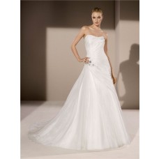 Fitted A Line Strapless Draped Organza Applique Beaded Crystal Wedding Dress Corset Back