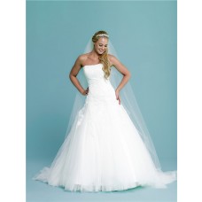 Fitted A Line Strapless Tulle Lace Applique Corset Wedding Dress Court Train