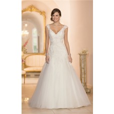 Fitted A Line V Neck Cap Sleeve Tulle Lace Beaded Wedding Dress With Sash