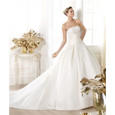 Fitted Ball Gown Strapless Satin Lace Wedding Dress With Chapel Train Buttons