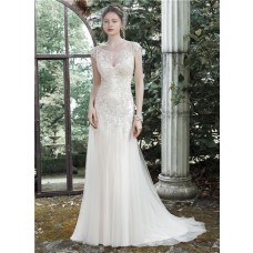 Fitted Bateau Cap Sleeve Illusion Back Champagne Colored Tulle Lace Wedding Dress